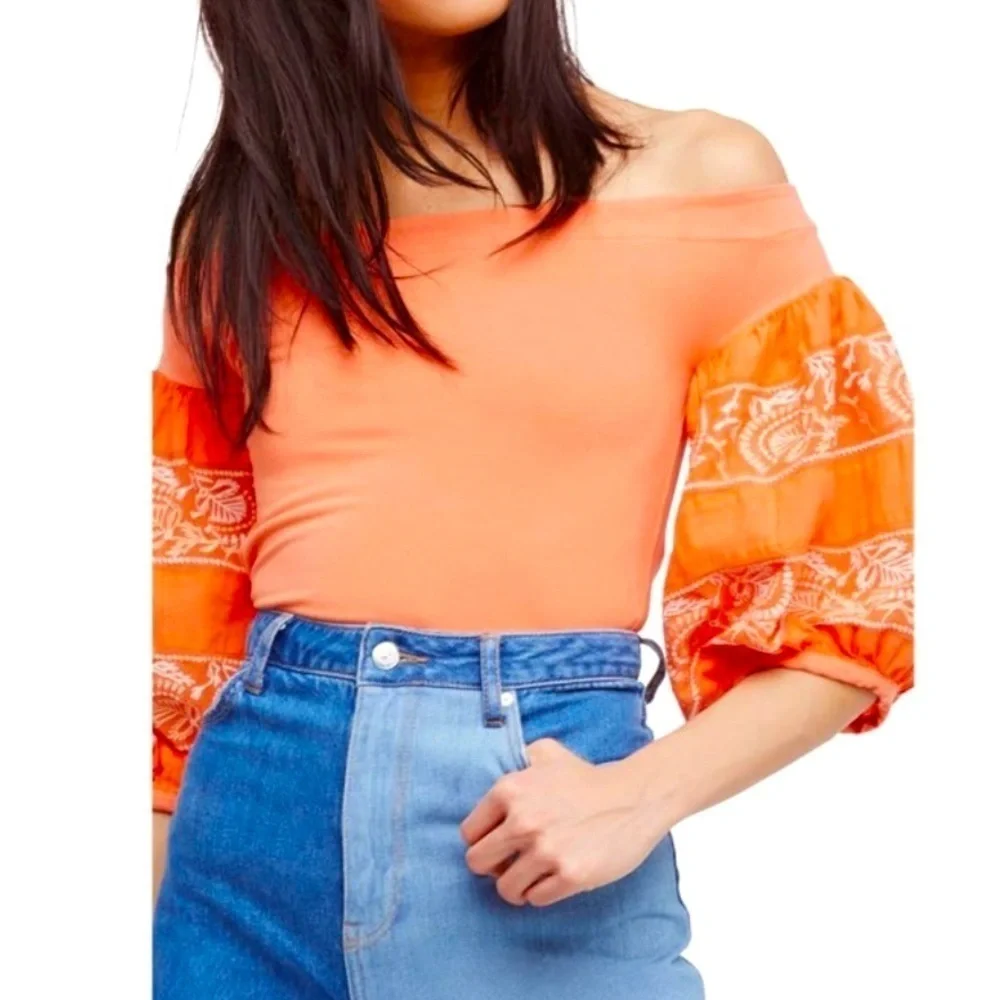 Free People Rock with It Tangerine Off Shoulder Puff Sleeve Top - PRICE DROP